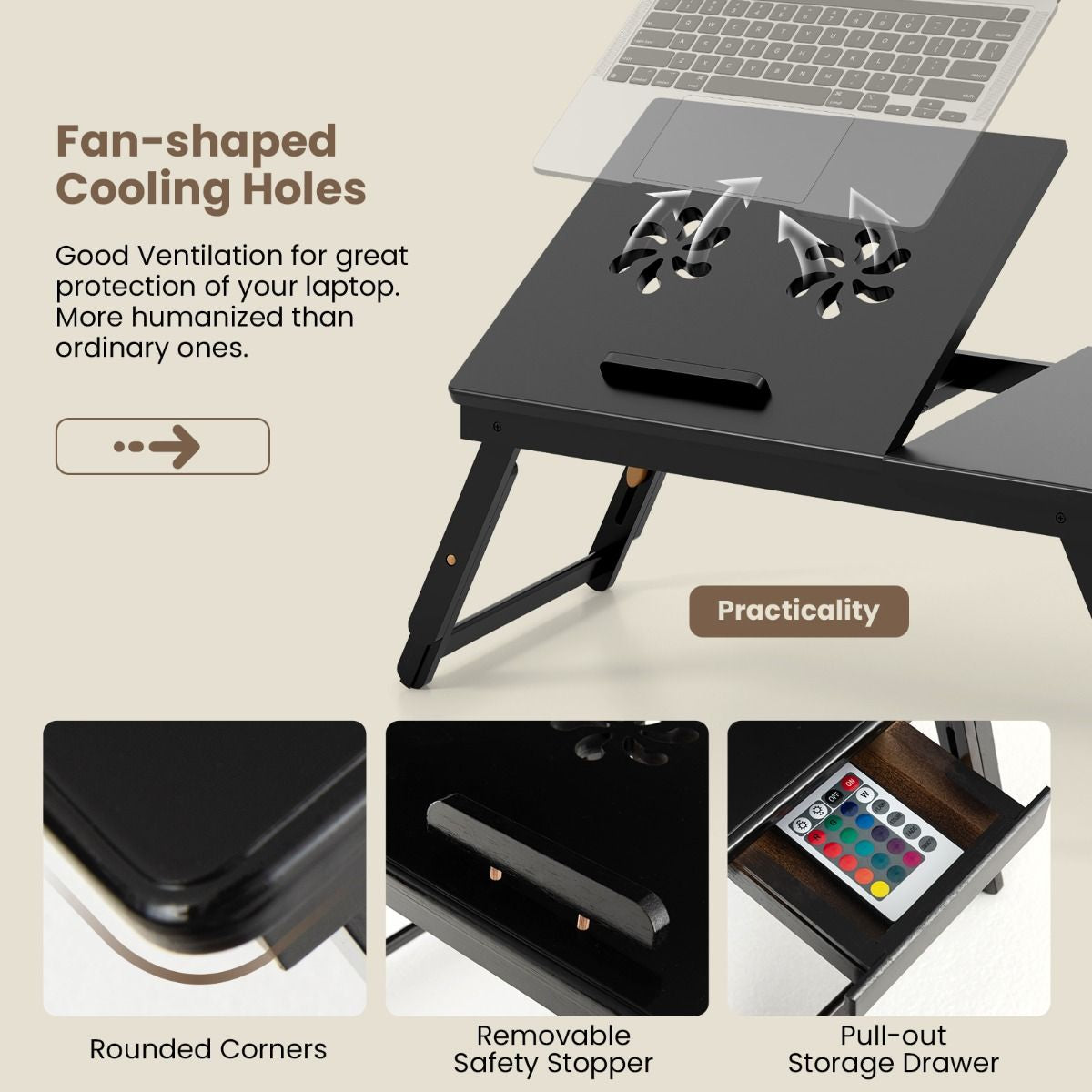 Portable Bamboo Laptop Lap Tray with Adjustable Legs and Tilting Top