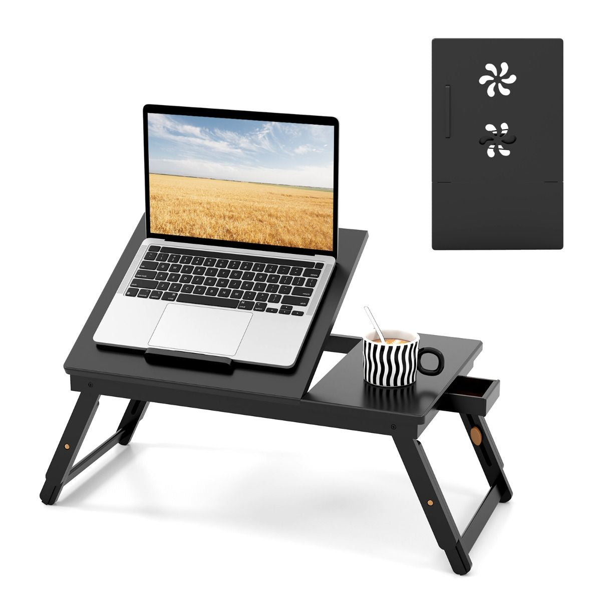 Portable Bamboo Laptop Lap Tray with Adjustable Legs and Tilting Top